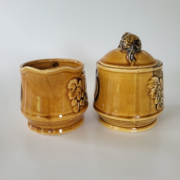 Vintage Autumn Gold Creamer and Sugar Bowl Embossed Fruit 1970s Japan - Picture 4 of 9